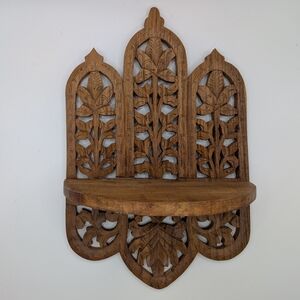 Handcrafted Floral Design Brown Wooden Wall Shelf